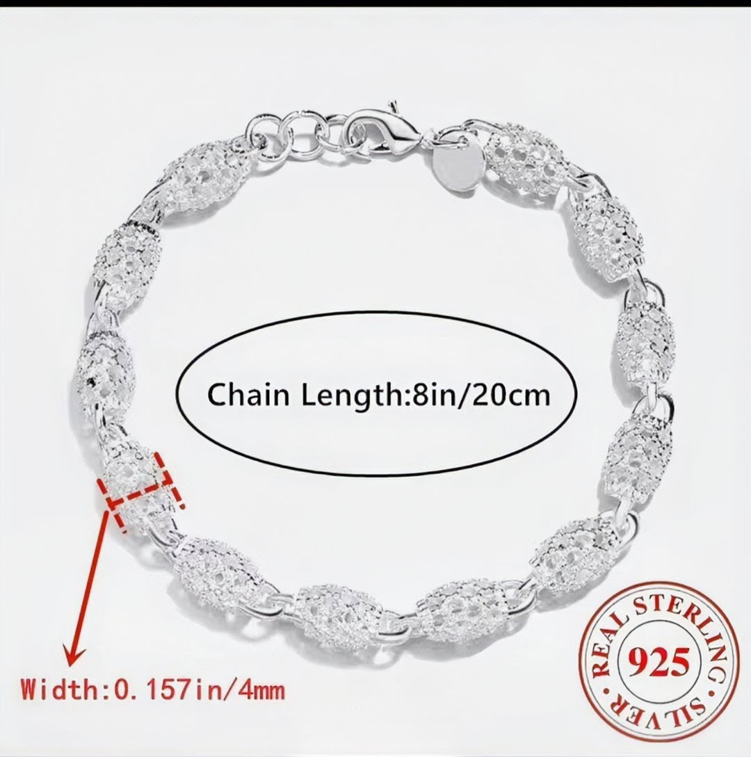 Sterling Silver 925 Filagree Link Chain Bracelet 8in with Lobster Clasp