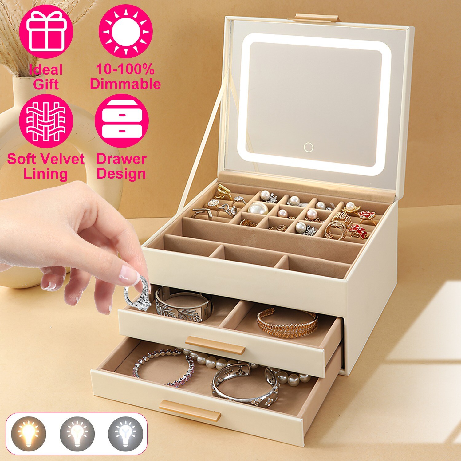 3-Layer Jewelry Box with LED Mirror 2 Drawers Tray Holder Earring Storage Box