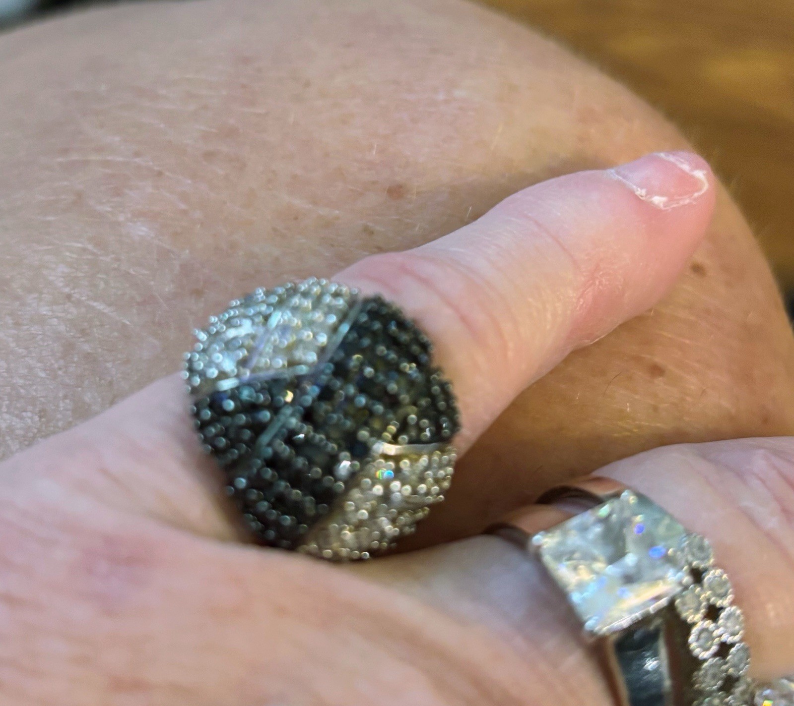 Gold Tone Pavé Black & Clear Crystal Dome Cocktail Band Ring Size 5.25 stamp 925