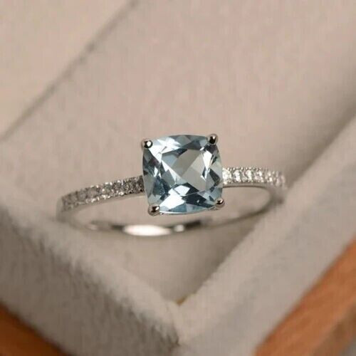Silver Plated 2Ct Simulated Aquamarine Beautiful Dainty Ring Wife Valentine Gift
