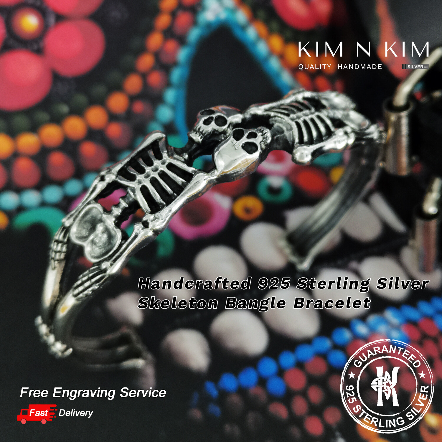 Handcraft Skeleton Bangle ✔️Gothic ✔️Engraving ✔️Solid 925 Silver ✔️Quality