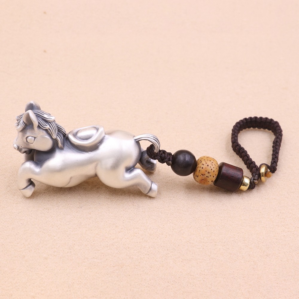 Pure S999 Fine Silver Carved Yuanbao Running Zodiac Horse Pendant 34-35g 1.7in