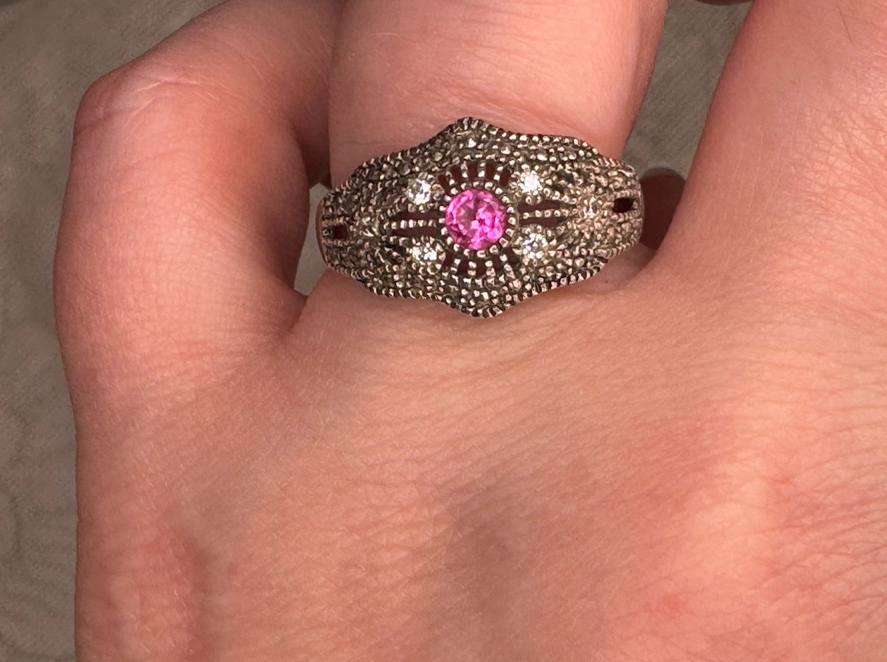 Vtg Sterling Silver Filigree Ring With Ruby & CZ Accents Size 7.75