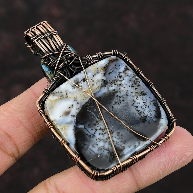 Handmade Dendrite Opal Wire Wrapped Copper Pendant Gift for Her
