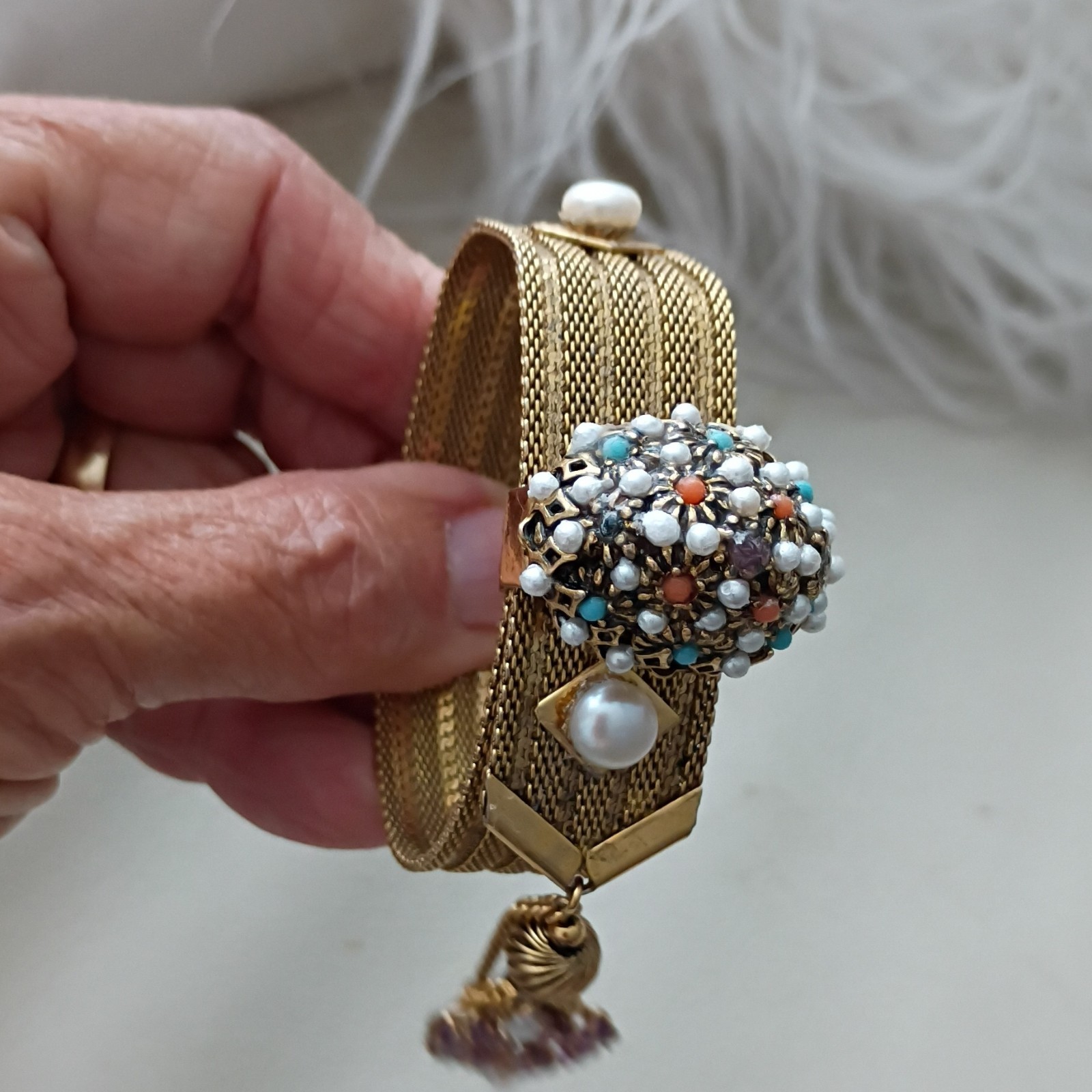 Gold Tone Mesh Cuff Bracelet Faux White Round Pearls Bead Cluster Dangle Charm