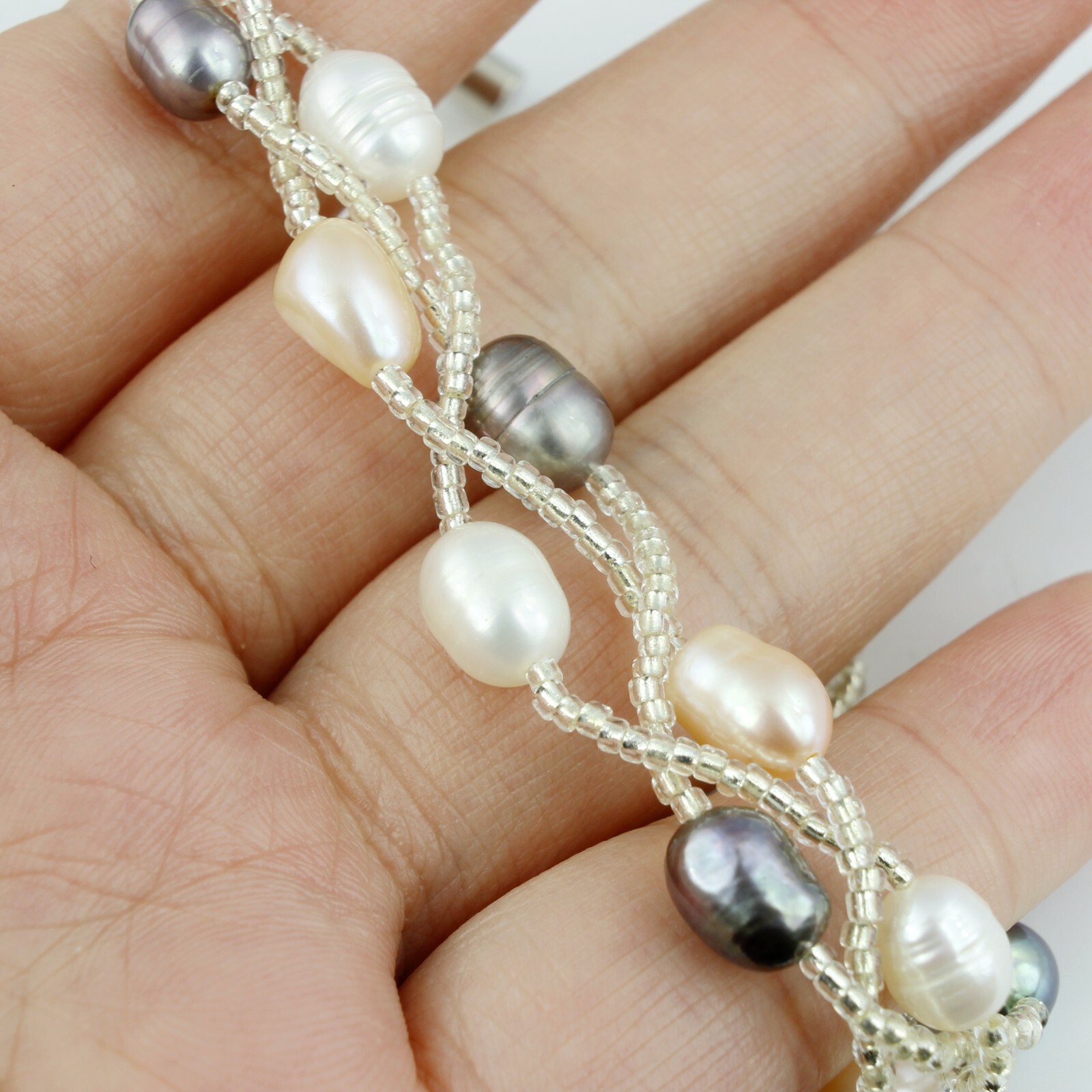 Women Real Black Pearl / Pink /White Pearl Twist Bead Mix Pearl Bracelet 7.5″