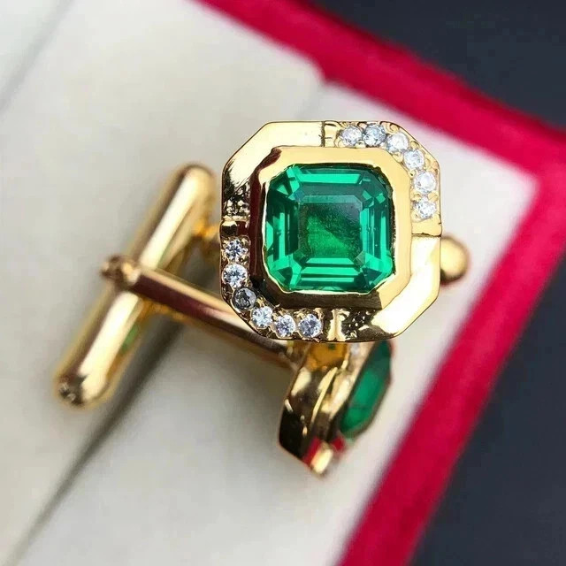 3Ct Asscher Cut Lab Created Green Emerald Men’s Cufflinks 14K Yellow Gold Plated