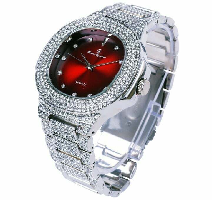 Men Iced Silver PT Lab Diamond Red Face Metal Band Hip Hop Luxury Bling Watch