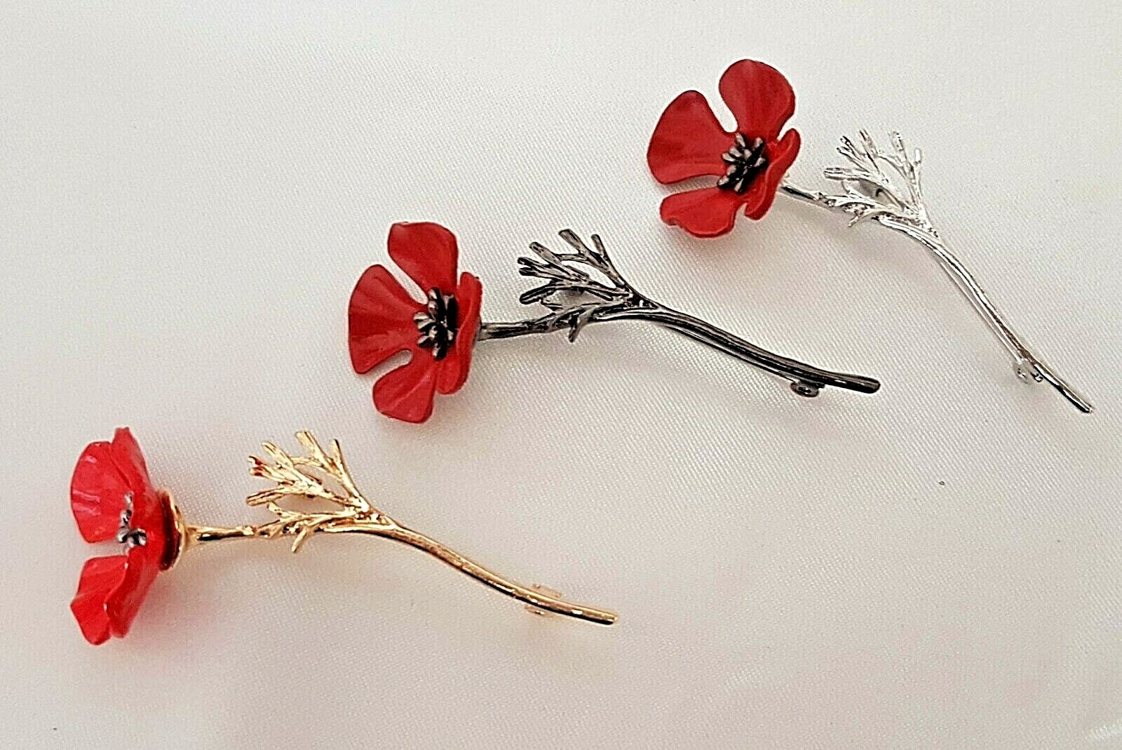 Enamel Red Poppy on Black Stem Approx 75mm x 30mm By CassysJules