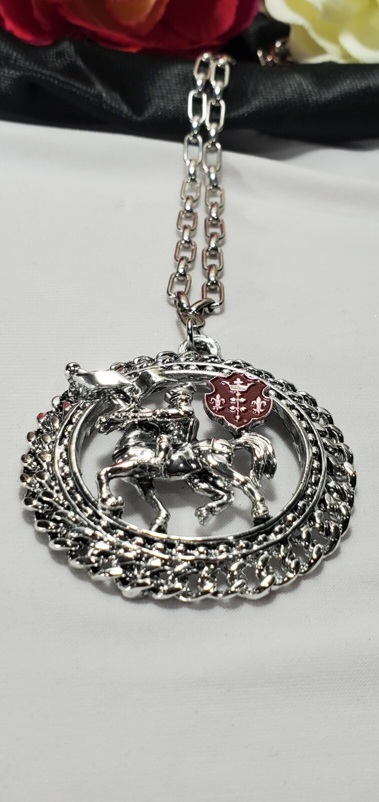 Vintage Silver Knight Horse Soldier Coat of Arms Lancelot Necklace