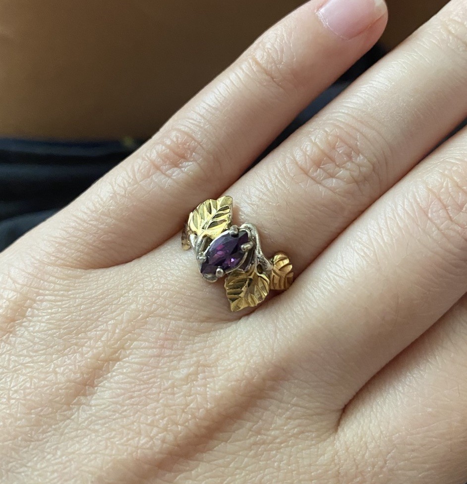 Black Hills Gold Stirling Silver and Gold, Amethyst stone, Leaf Design Ring