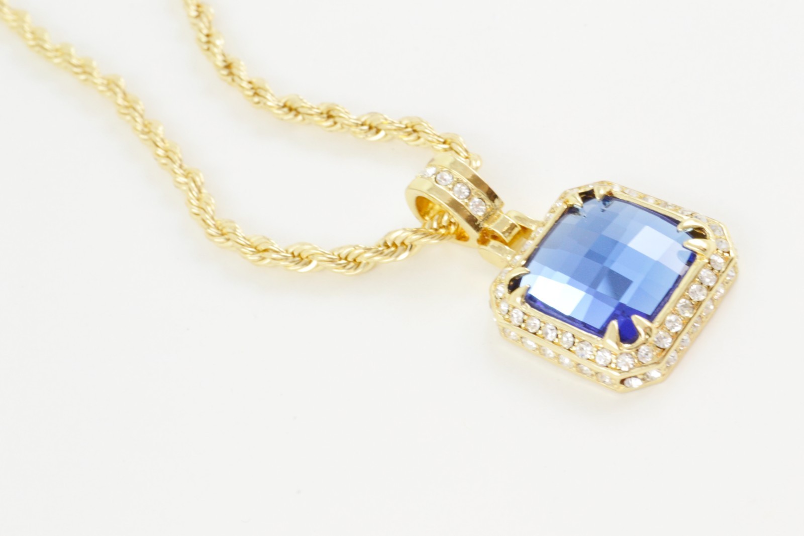 Yellow Gold Finish Blue Gemstone Chain and Charm Fashion Jewelry 24 inch Long