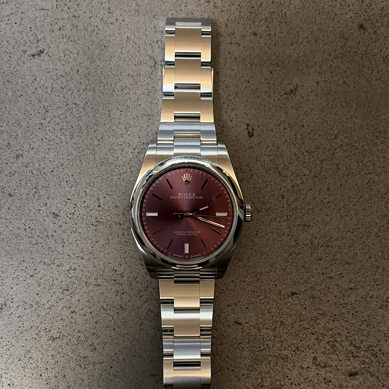 Rolex Oyster Perpetual 39mm Red Grape Dial Steel Automatic 114300