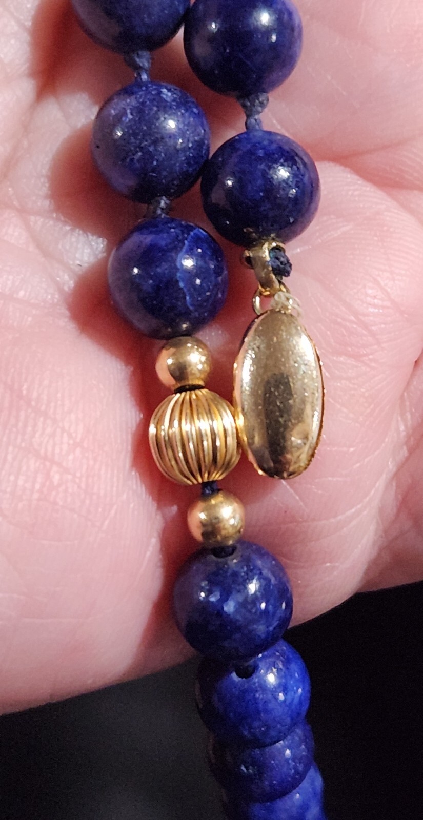 Vintage 8.05 Lapis Lazuli & 14K Yellow Fluted Bead Strand Necklace 31.5″