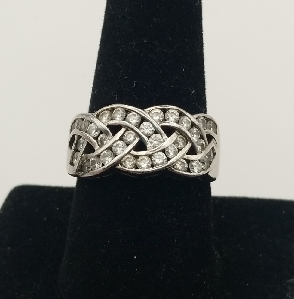 Vintage GSJ Signed CZ Woven Braid Sterling Silver Ring – Size 9.25 #3372