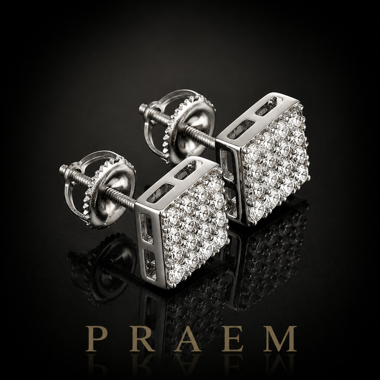 PRAEM Men’s Silver Plated Iced CZ 7.5mm Square Screw Back Stud Earrings