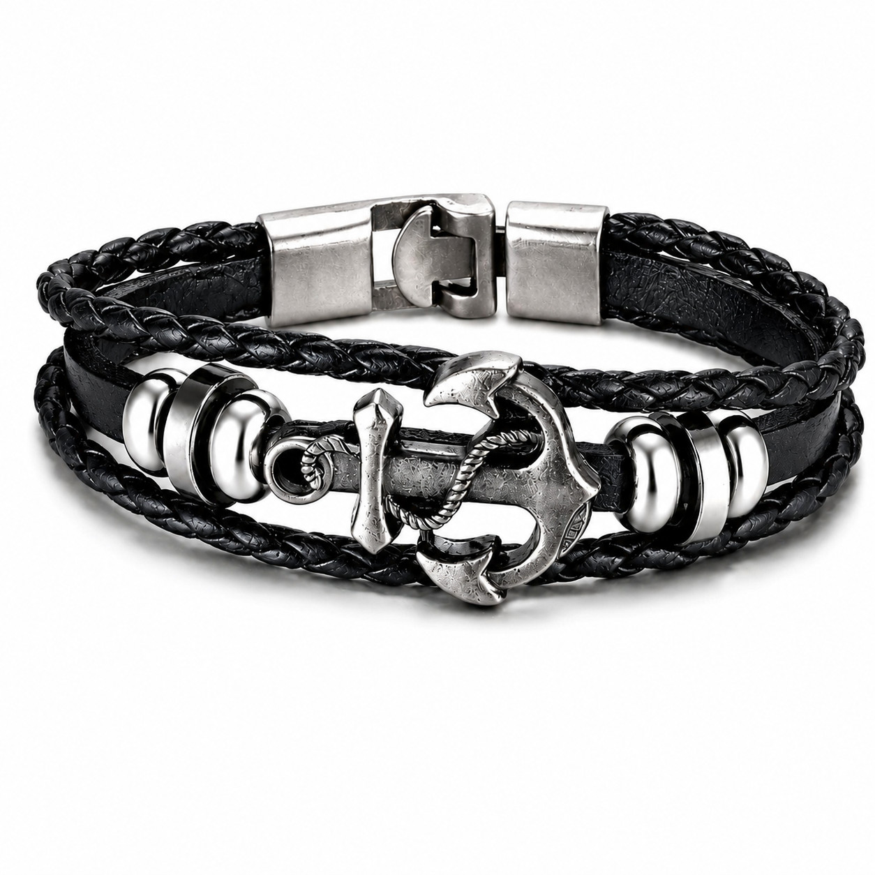 Men’s Black Layered Leather Bracelet Silver Anchor Nautical Vintage Style