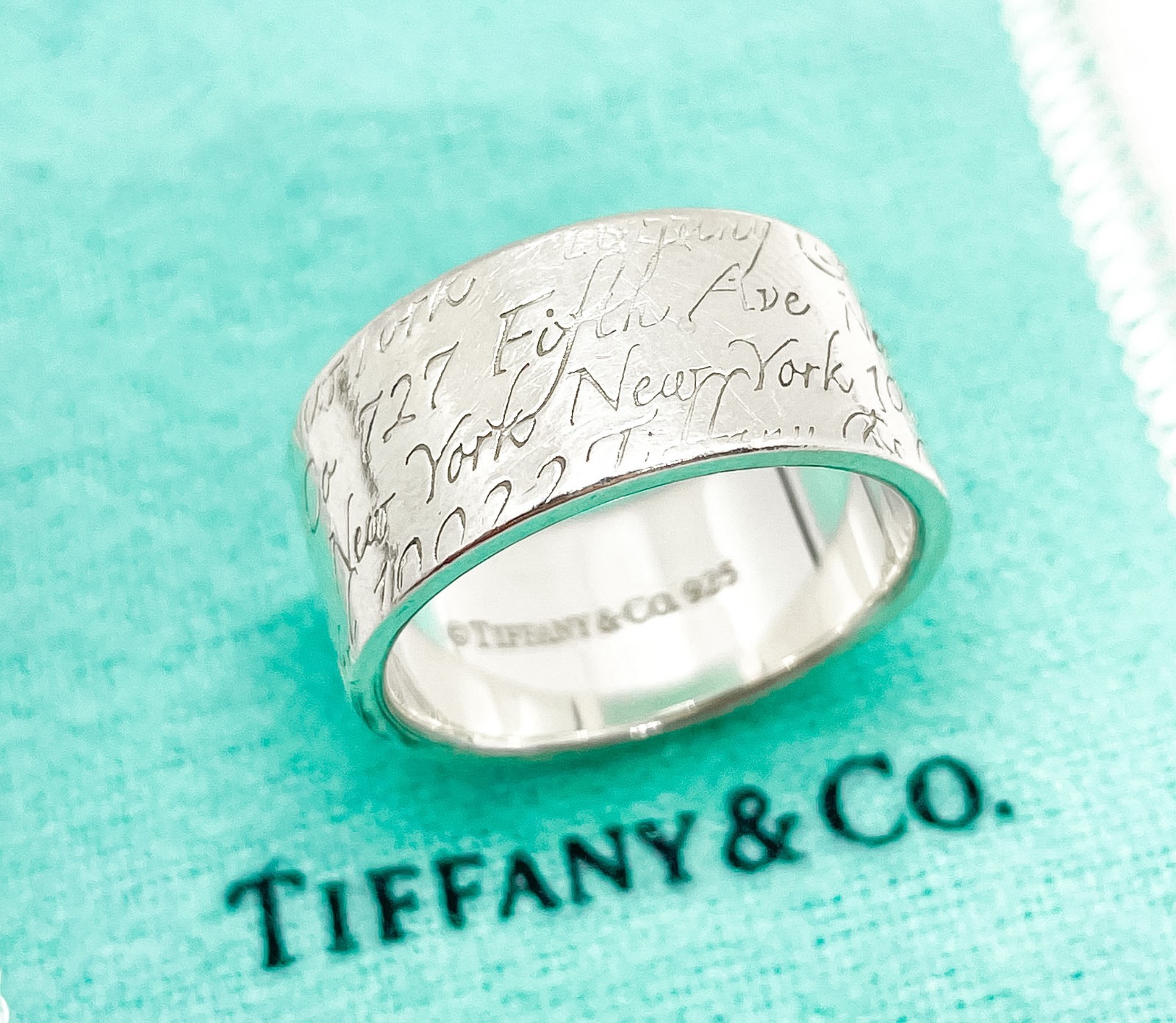 Tiffany & Co. Notes Script Fifth Avenue New York Wide Band Ring Silver Size 8.75
