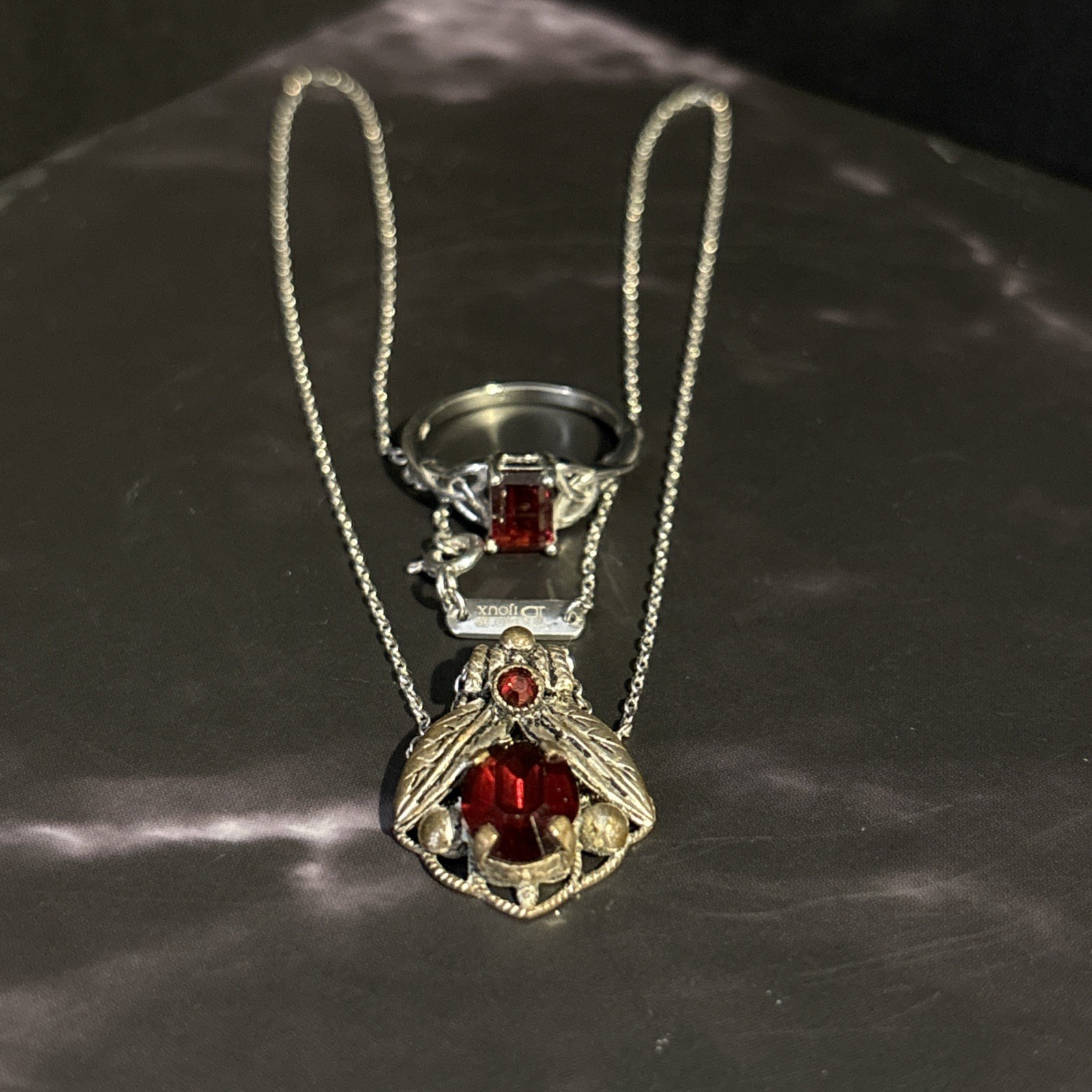 925 Sterling vintage Billie Bijoux Leaf Garnet Necklace & Pairing Tri-knot Ring!