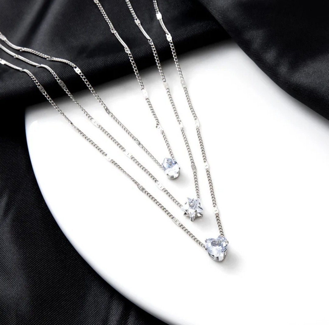 Silver Layered Multi-Chain Cable Necklace Heart & Star Clear Crystal Charms