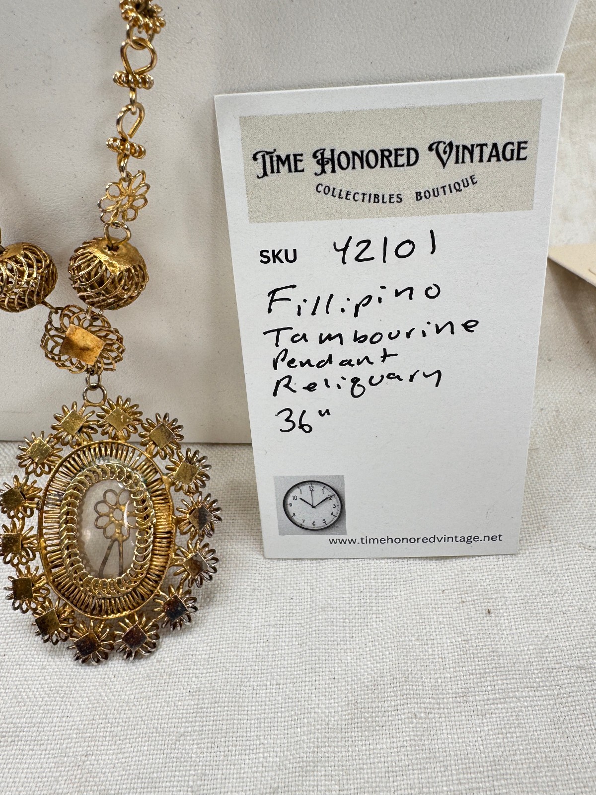 Philippines Tambourine Reliquary Gilt Copper Filigree Pendant Necklace Rosary
