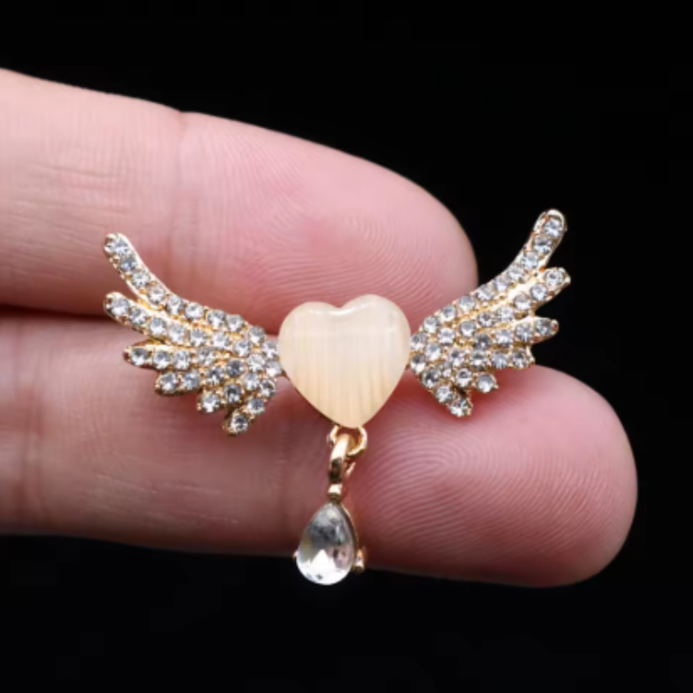 Art Deco Style Enamel Crystal Angel Wings White Heart Brooch Badge Pin Gift USA