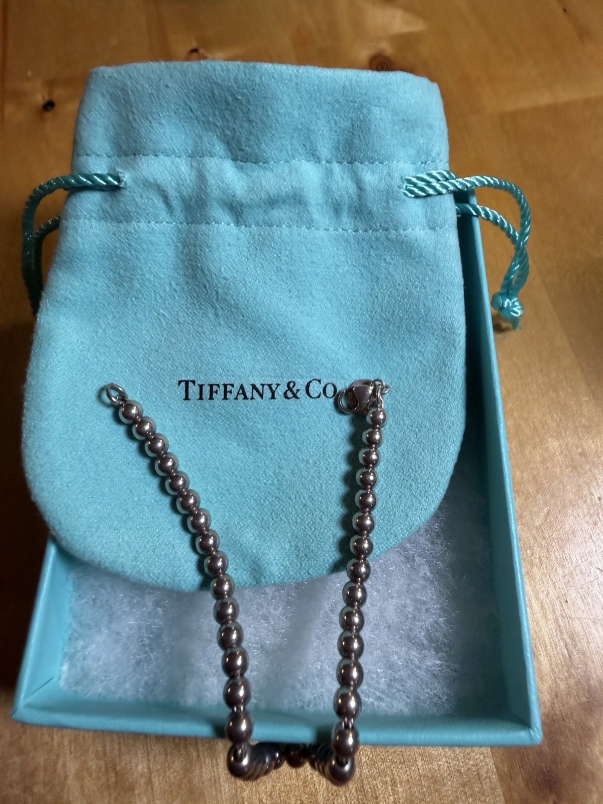 Tiffany & Co. 925 Sterling Silver Ball Bead Necklace Blue Enamel Heart Charm