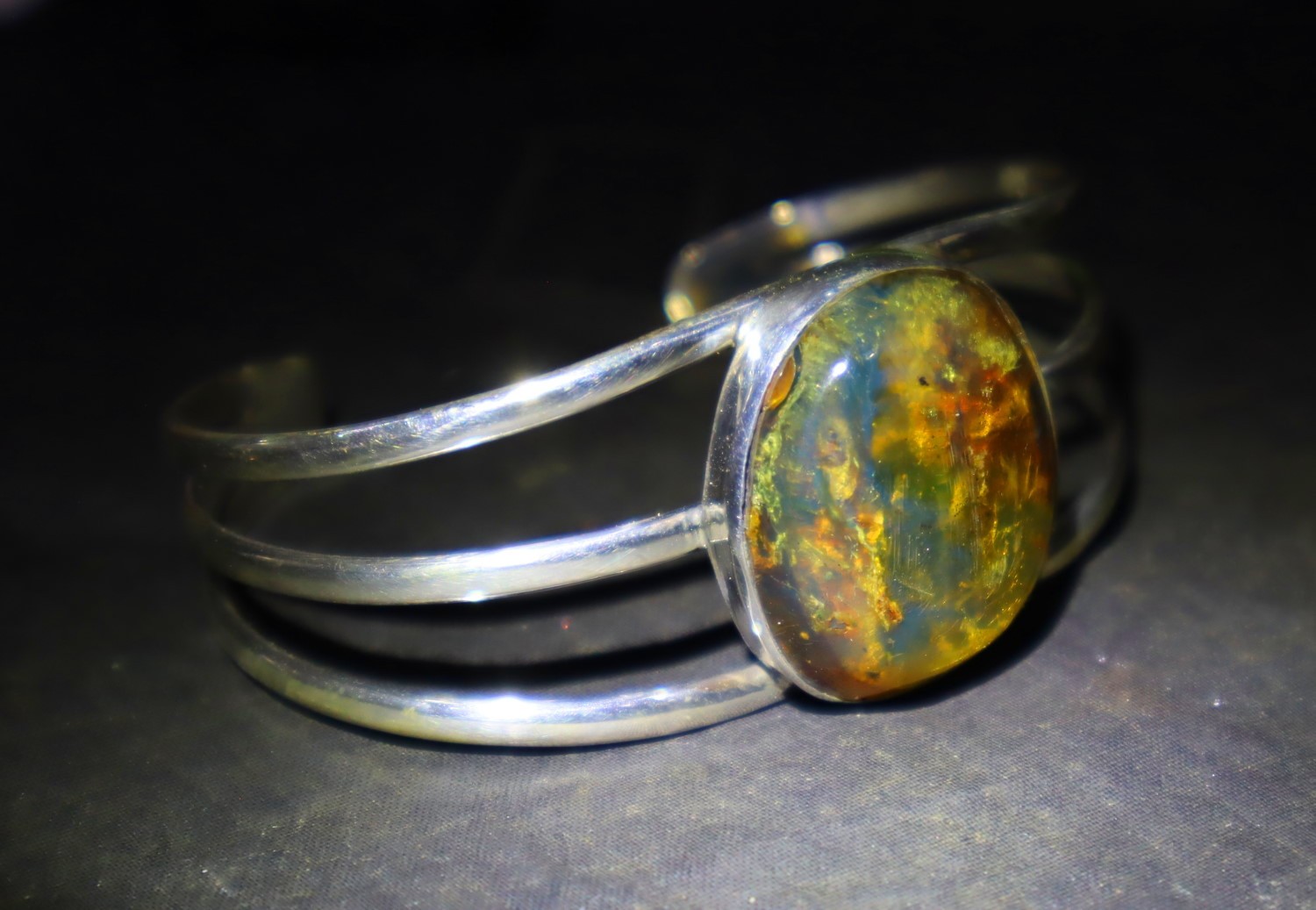 Hugh Natural Clear Green Blue Amber solid .925 Sterling Silver Cuff Bangle 7inch