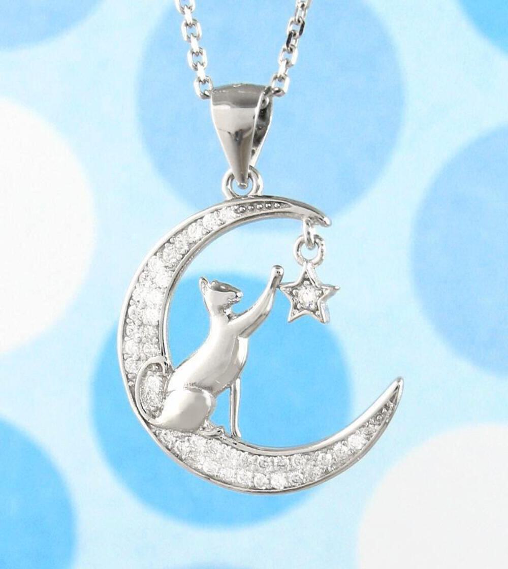 Cat Reaching for Star Crescent Moon Pendant ONLY No CHAIN Kitty wh468