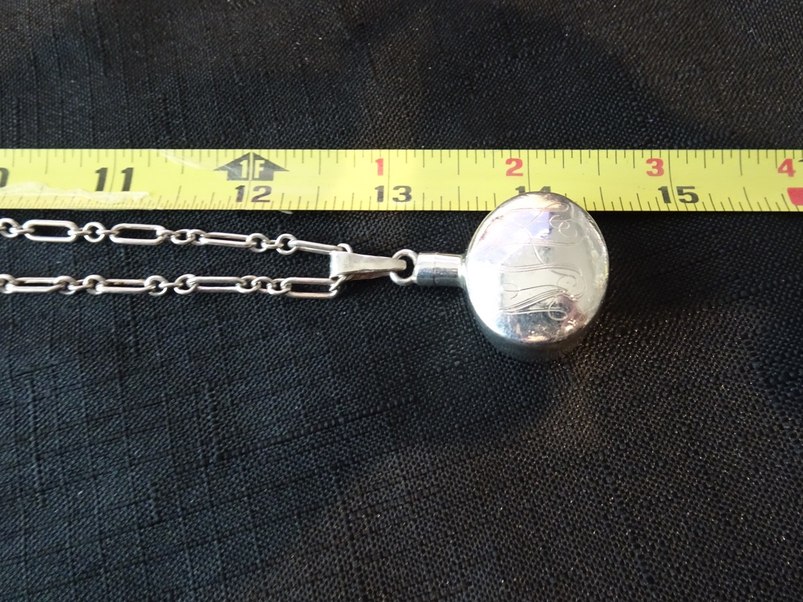 #600–VINTAGE MEXICO STERLING SILVER PERFUME PENDANT WITH INITIALS AND CHAIN-925