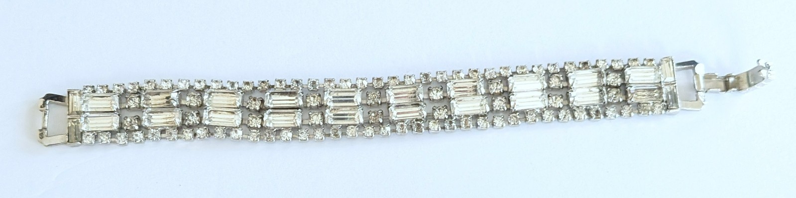 Fabulous Vintage Sparkling Clear Rhinestone Wide Bracelet Fold Over Clasp