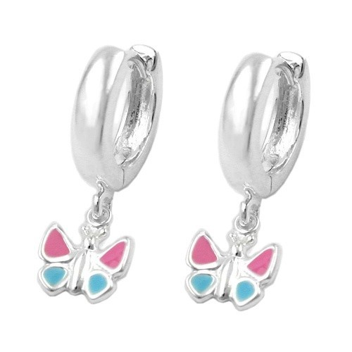Silver 925 Kids Hoop Earrings 22x3mm Hinged Hinge Butterfly Coloured Painted
