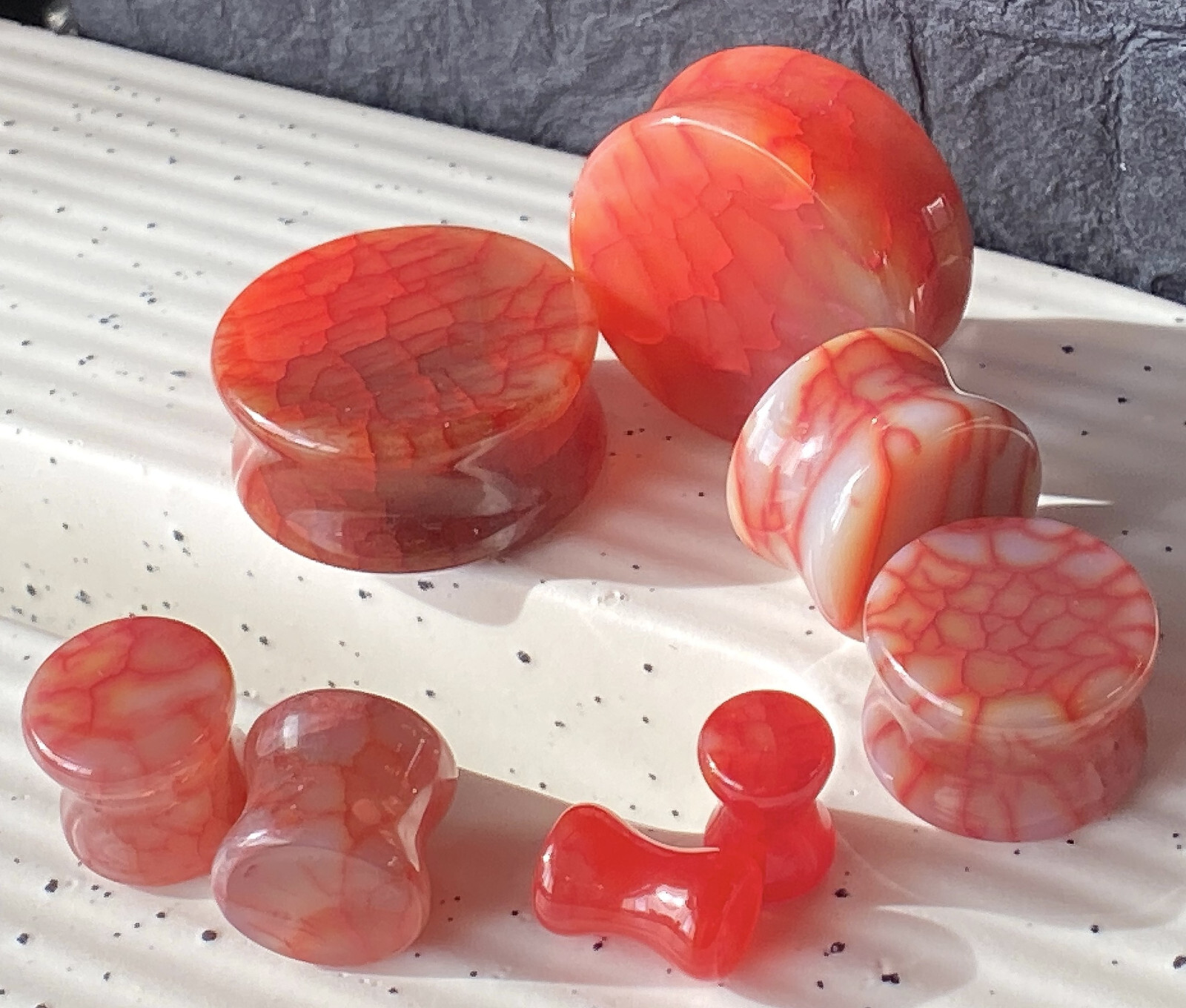 PAIR Red Dragons Vein Agate Stone Double Flare Plugs Organic Earlets Gauges