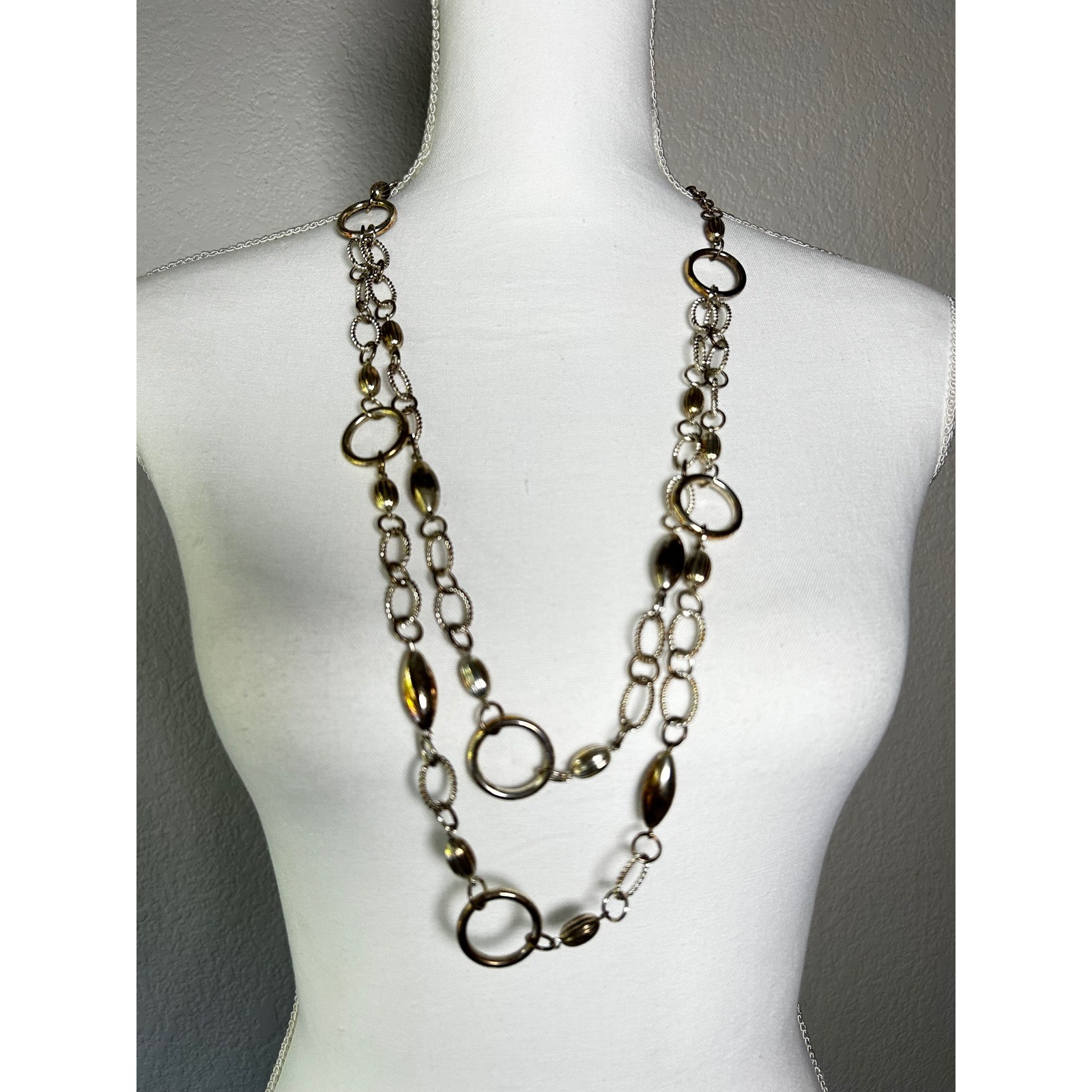 Gold Tone Layered Chain Necklace Boho Textured Circle Oval Links Adjustable 33in