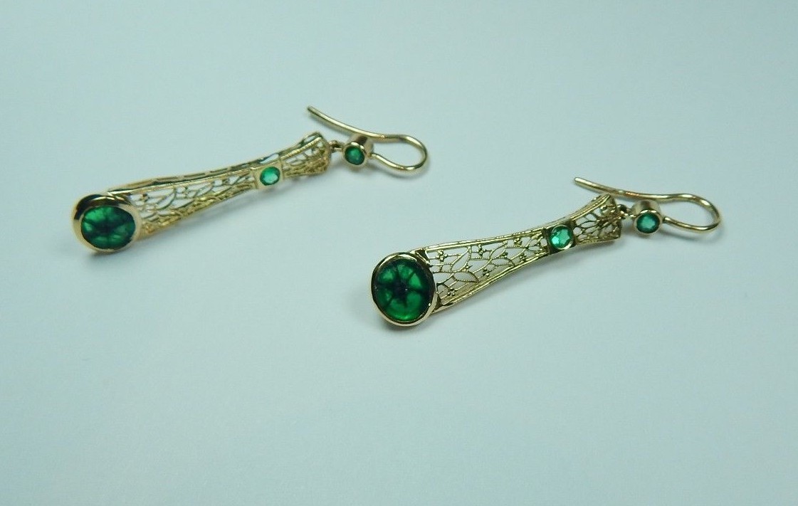 Colombian Trapiche Emerald 2.40 Cts Filigree Earrings 18K Gold Fine Jewelry Muzo