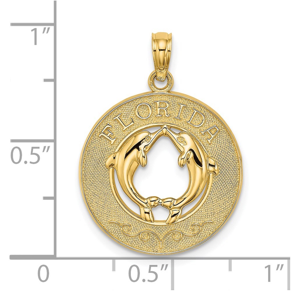14k Yellow Gold FLORIDA With Dolphins Circle Charm Pendant L-24.7mm