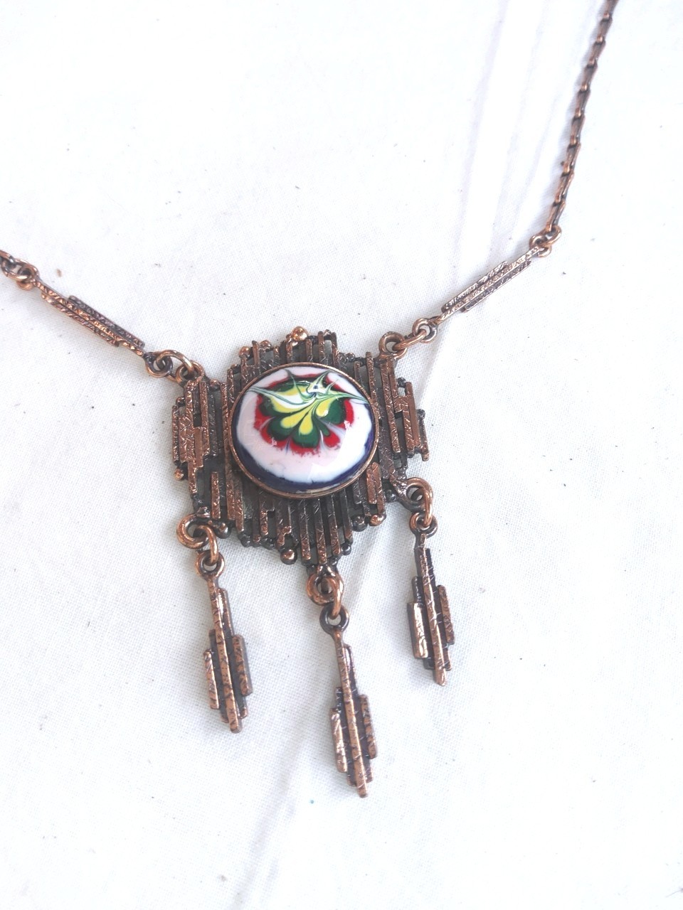 Mid Century Modern Brutalist Enameled Copper Fringe Necklace