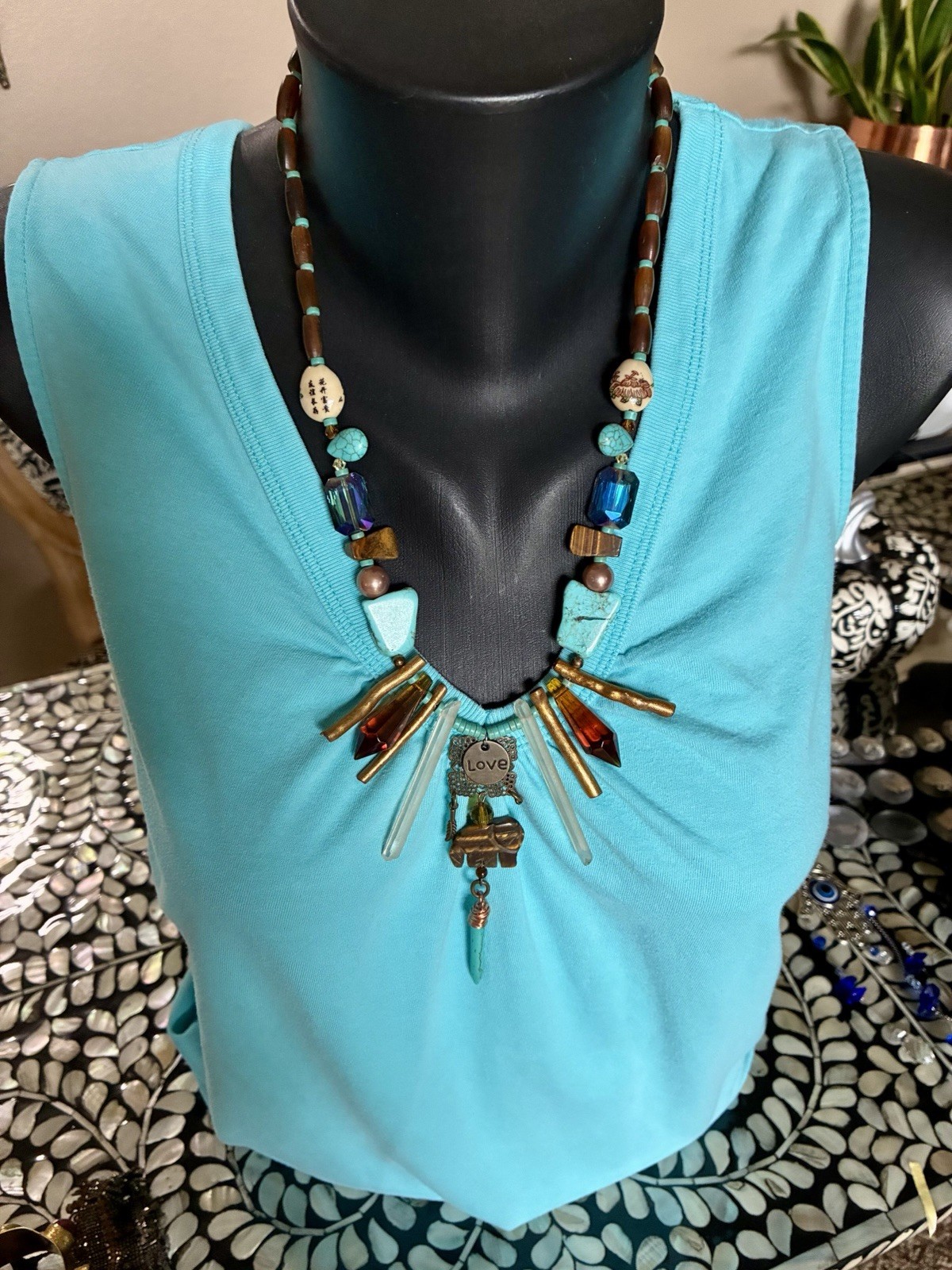 Boho, Tribal, Turquoise, Crystal, Coral, Tigers Eye, Buffalo Bone Necklace