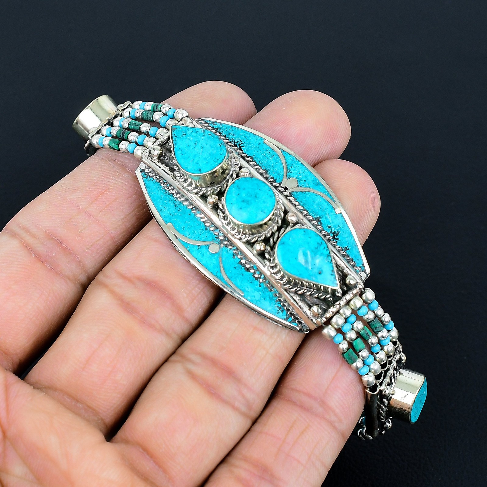 Turquoise Malachite Beads 925 Sterling Silver Tribal Tibetan Bracelet 7″ PG 3375