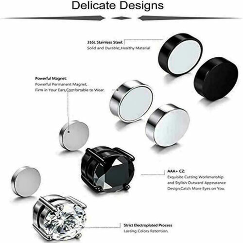 Steel Magnetic Stud Earrings 6/ 8MM For Women Men Non-Piercing Clip On Stainless