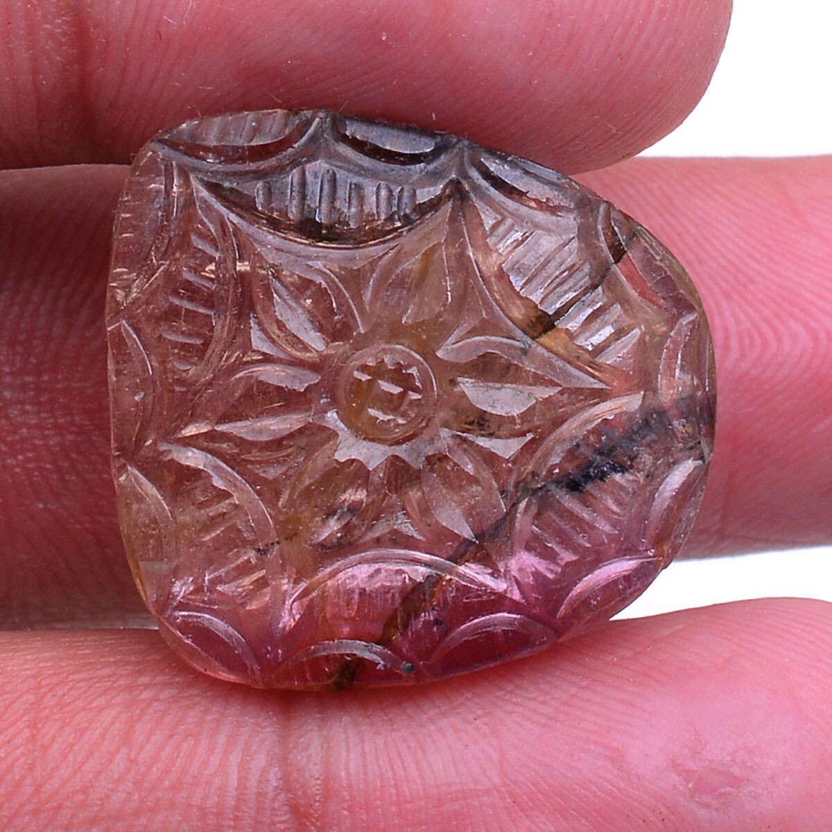 27.40 Cts Natural Carved Tourmaline 23mm*22mm Bi Color Untreated Loose Gemstone