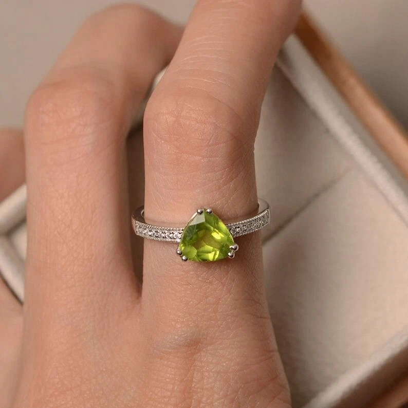 2.15 Ct Trillion Natural Peridot Diamond Engagement Ring 14k White Gold All Size