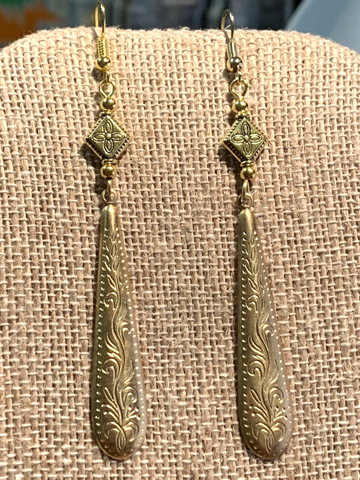 NEW LISTING* HAND-CRAFTED VTG. LARGE ENGRAVED GOLDEN BRASS TAPER DROP EARRINGS