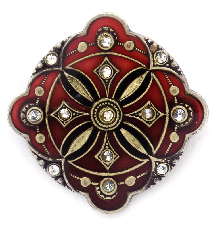 Semi Transparent Garnet Celluloid Pin w’ Open Metal Design Rhinestones 1920’s