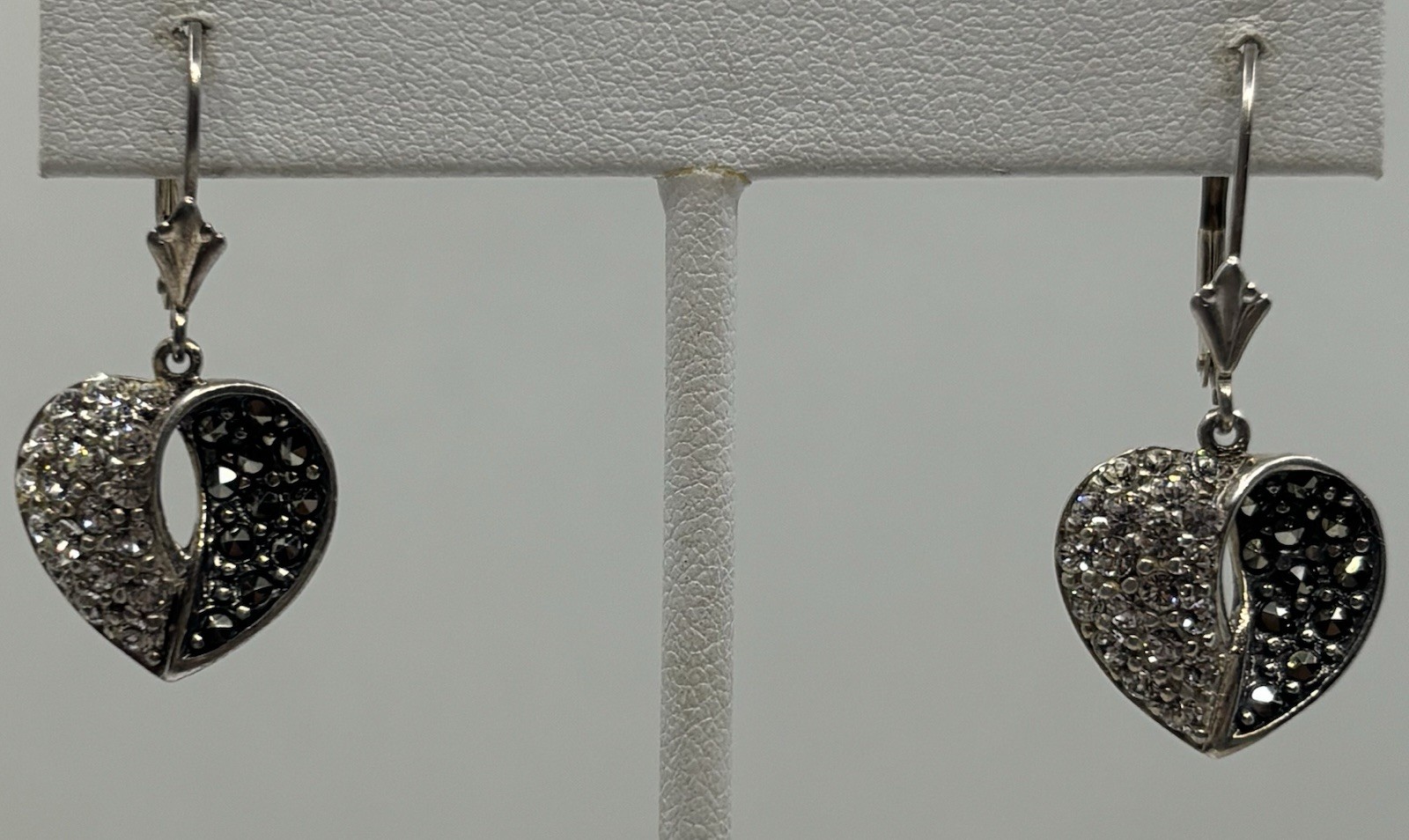 Sterling Silver Marcasite/cubic Zirconia Dangle Heart Earrings