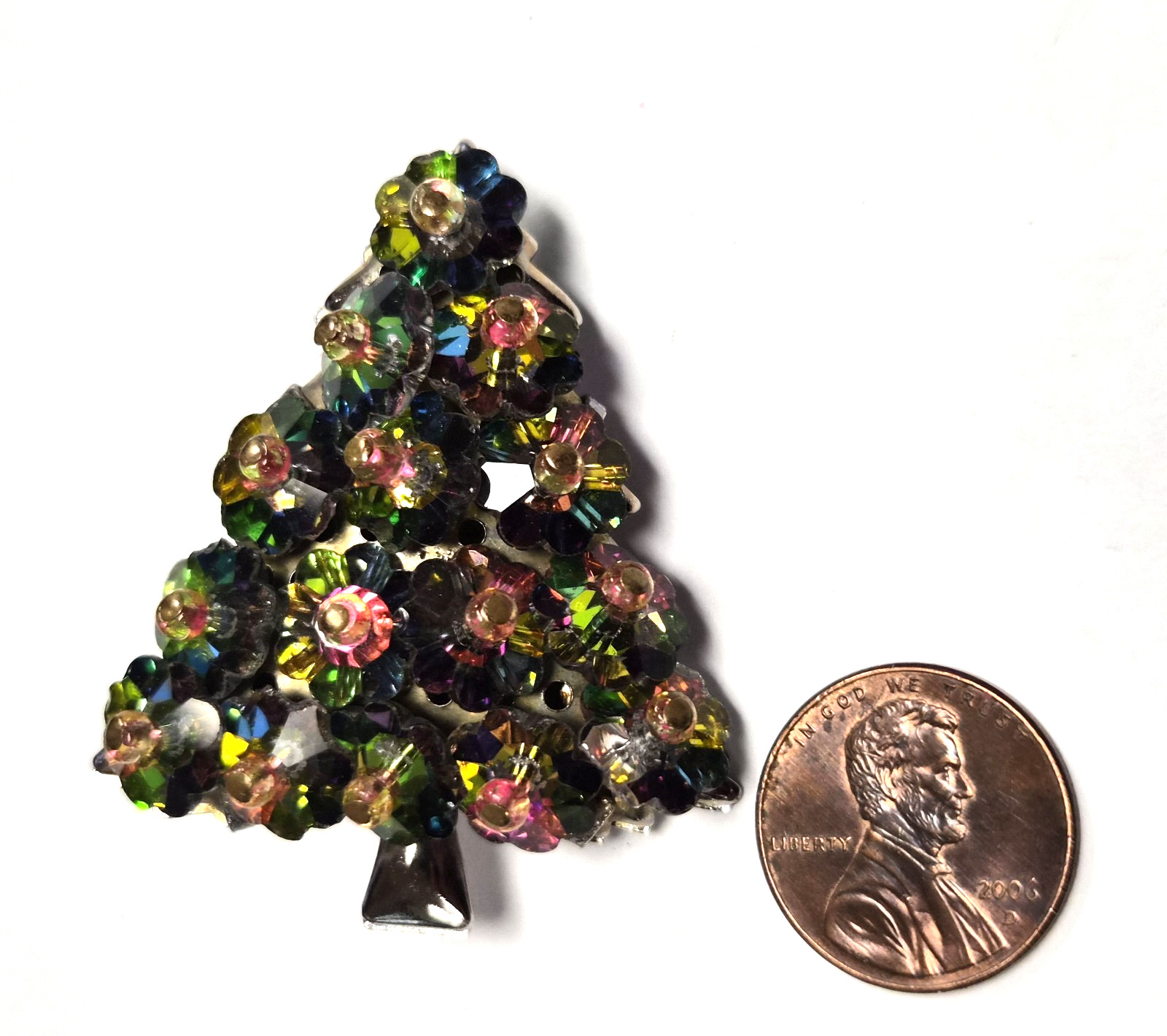 Vintage 60’s Watermelon Rivoli Crystal Bead Christmas Tree Pin / Brooch
