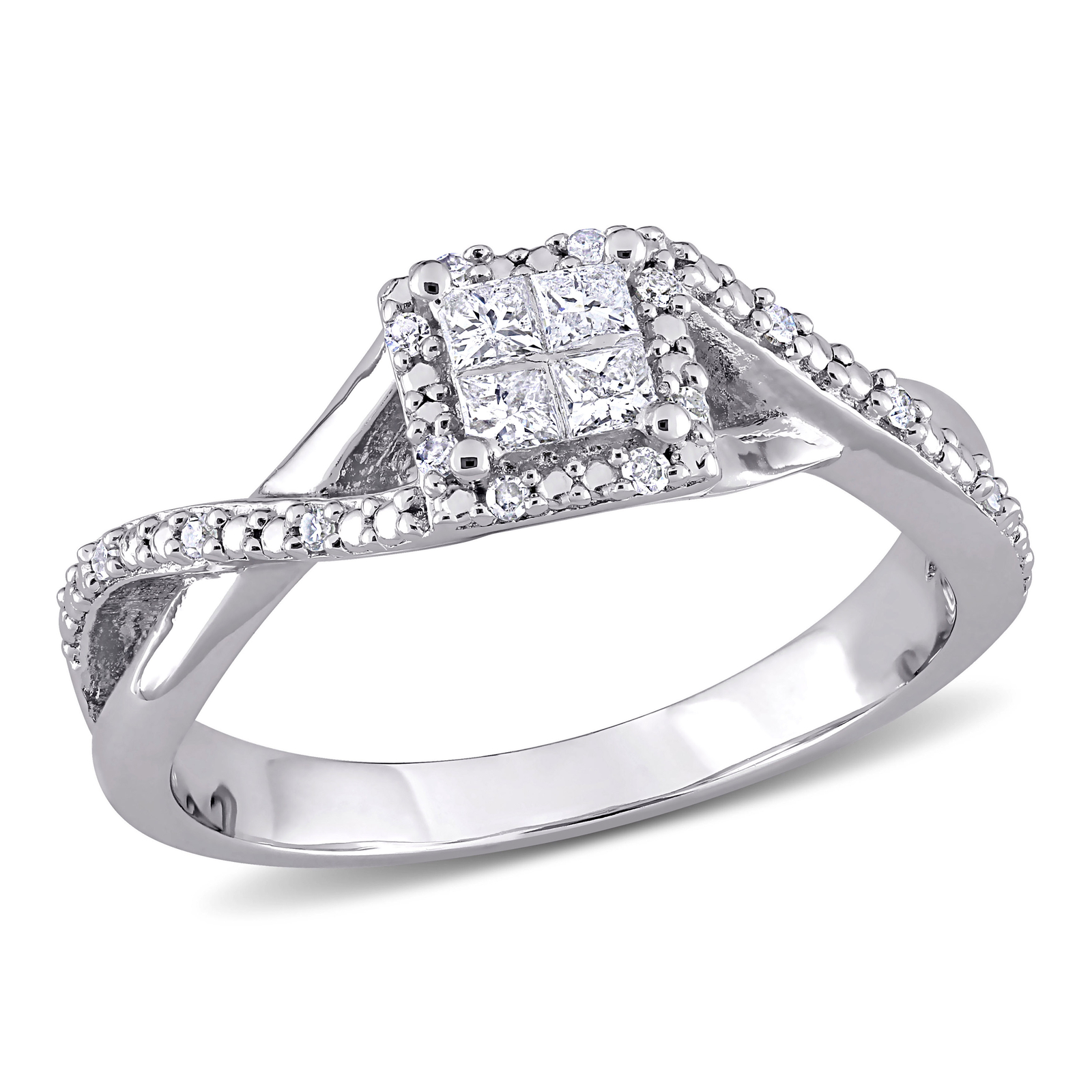 Amour Sterling Silver Princess-cut Diamond Crossover Halo Engagement Ring