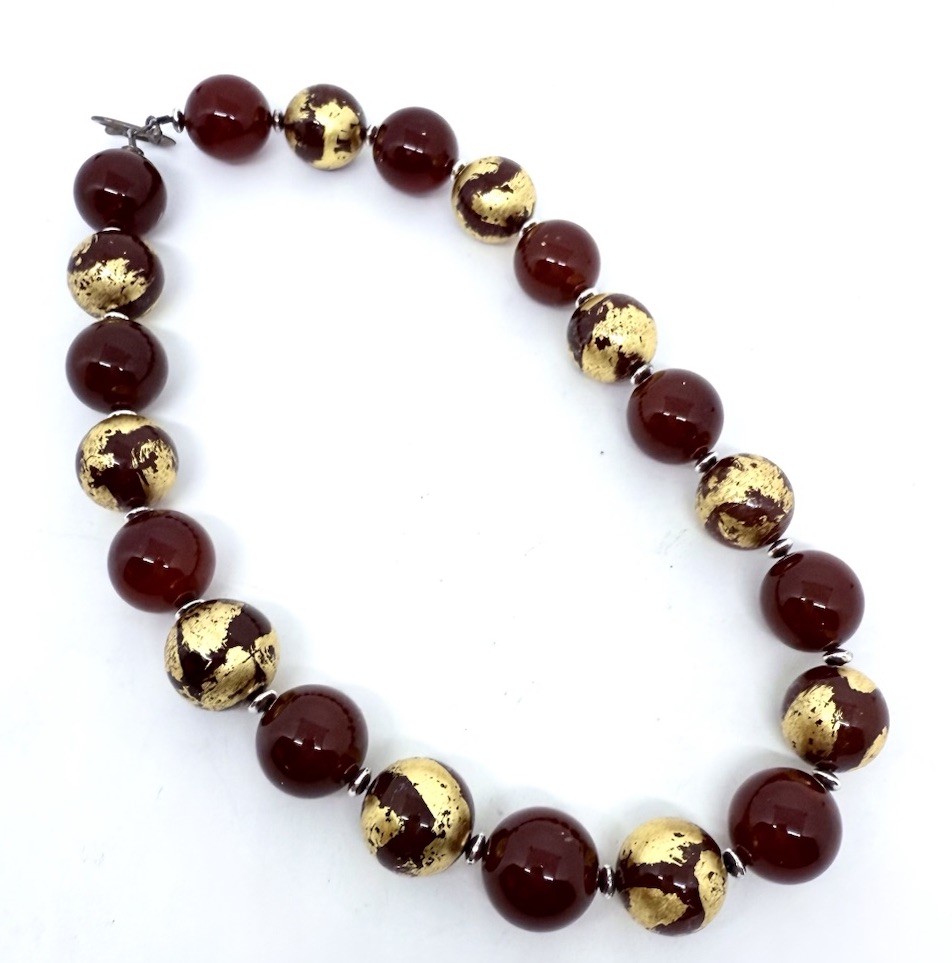 Chinese Export Sterling Silver Enameled Carnelian Bead Necklace Vintage Jewelry