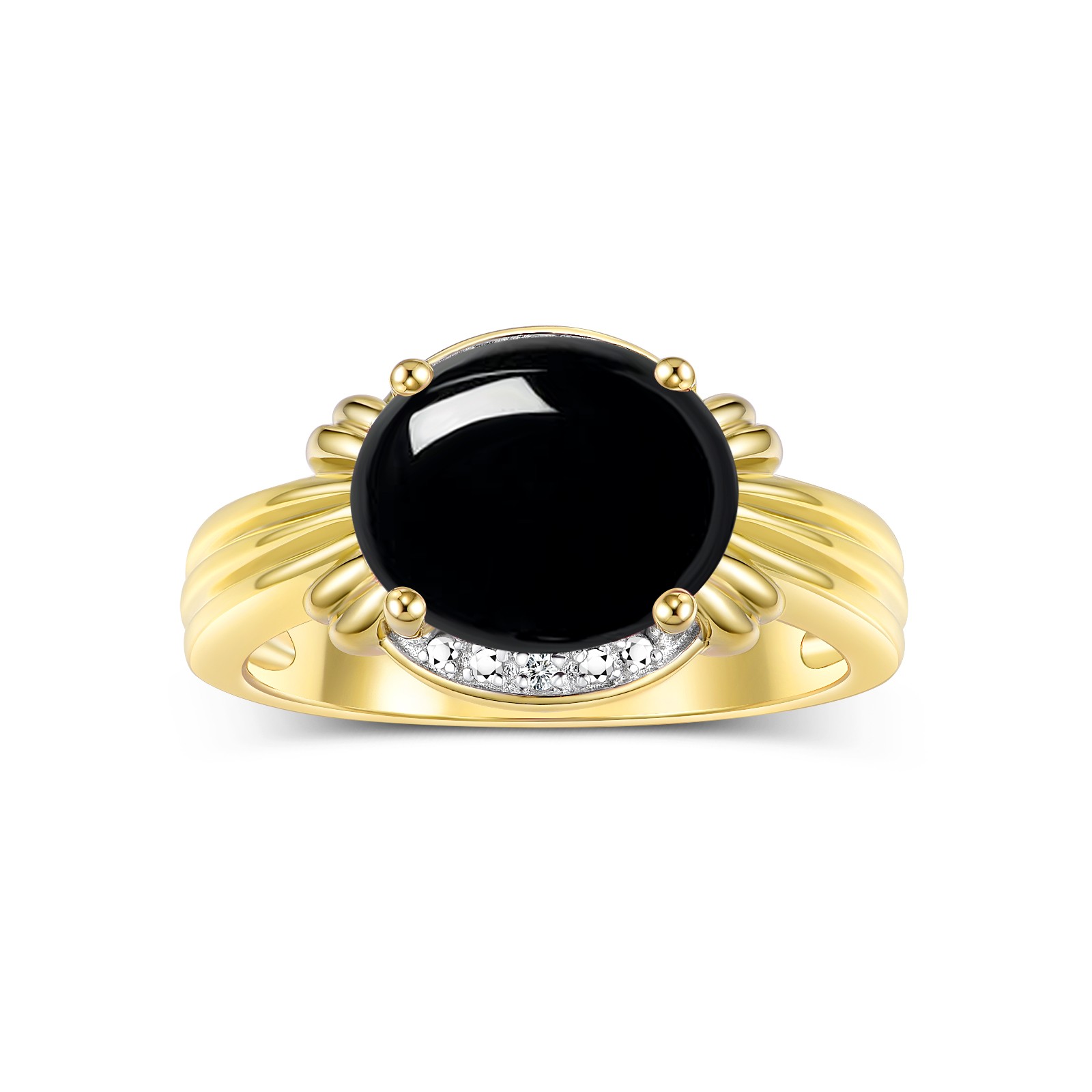 RYLOS CABOCHON ONYX & DIAMOND 12X10MM RING YELLOW GOLD PLATED SILVER SIZE 7
