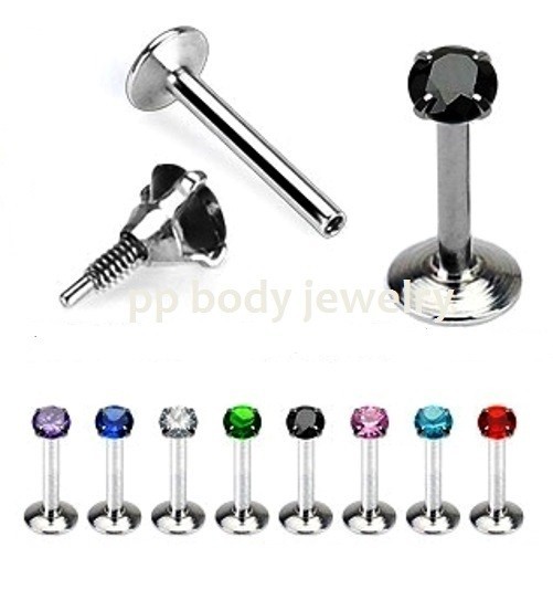 16G Surgical Steel Internally Threaded Prong Set CZ Tragus Labret Stud 1/4″-3/8″